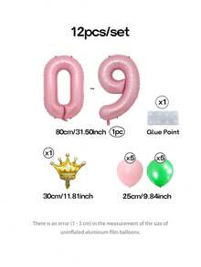 12pcs/Set 32-Inch Light Pink Number 0-9 Balloons For Birthday Party Decoration, 10-Inch Light Green And Macaron Pink Latex Balloons, Mini Gold Crown Shaped Balloons, Suitable For Birthday, Baby Shower, Princess Theme Party Decorations - Pink Numbers - View 2