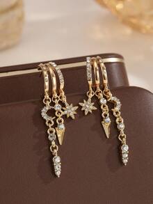 1 Pair Asymmetrical Star & Moon Tassel Earrings, Unique Design Rhinestone Embellished Elegant Eardrops, Girlfriend Gift - Star and Moon Tassel Earrings - View 2