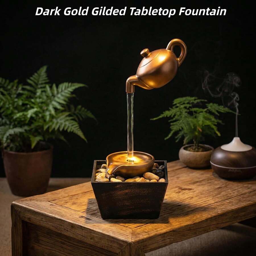 1-Piece USB-Powered Floating Teapot Tabletop Water Fountain – Dark Gold Gilded Design With LED Light & Pebble Landscape, Soothing Flow For Relaxation & Positive Energy, Ideal Housewarming Present & Minimalist Home Decor - 懸壺流水擺件 - 查看 1