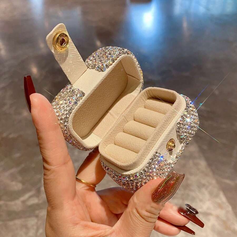 1pc Light Luxury Square Ring Jewelry Box Artificial Diamond Desktop Multi-Function Earrings Earrings Storage Box Exquisite Small Jewelry Finishing Box - White - View 1