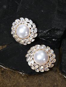 Opalesca 2pcs/Set Oversize Round Full Rhinestone Earrings, Vintage Pearl Earrings Decorations - Round - View 1