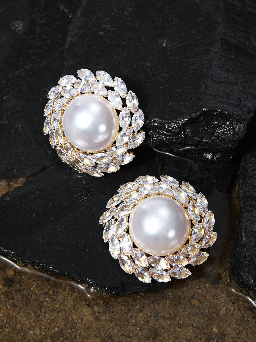Opalesca 2pcs/Set Oversize Round Full Rhinestone Earrings, Vintage Pearl Earrings Decorations - Round - View 1
