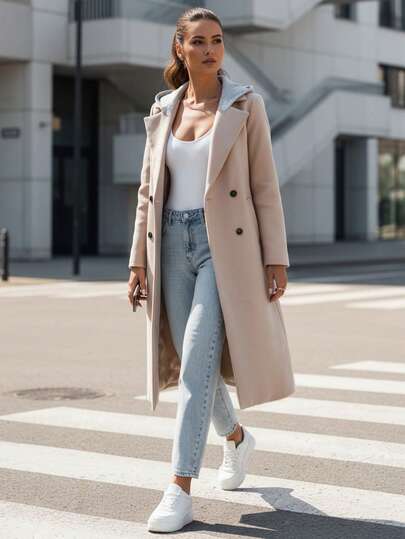 Damski, obszerny, dwurzędowy płaszcz z kapturem, długość do kolan, prosty krój, tkanina poliestrowa, kieszenie boczne, klasyczny styl.