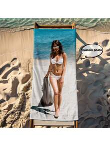 1pc Customizable Photo & Name Beach Towel - Soft Polyester Blend Fabric, Quick Dry & Sand Resistant, Rectangular Pool/Beach Towel Printed With Vibrant Swimwear Pattern - Ideal Personalized Holiday Gift - Multicolor - View 13