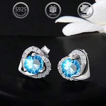 一对奢华优雅的925银心形立方氧化锆耳钉，适合日常、派对、节日、约会、送礼。 - 藍色 - 查看 1