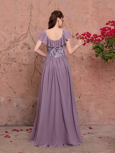 Đầm maxi dáng chữ A bằng chiffon xếp ly, họa tiết hoa, màu tím nhạt đính sequin của Mgiacy dành cho nữ, cổ tròn, tay ngắn bồng bềnh, thích hợp cho dự tiệc cưới mùa hè, tiệc cocktail, hẹn hò và kỳ nghỉ.