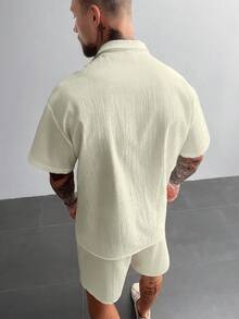 GloMan 男士 2 件組杏色夏季風亞麻襯衫與抽繩短褲套裝，老錢風休閒海灘婚禮派對度假旅行，適合丈夫/爸爸/男友，送給他的禮物 - 杏色 - 查看 8