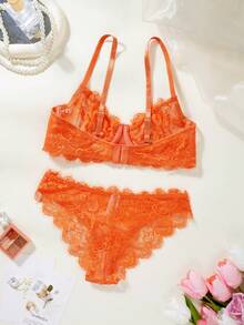 1 Set Women's Embroidered Push-Up Bra And Embroidered Panty - Orange - View 2