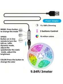 98英尺/65英尺/50英尺/32.8英尺/16.4英尺 RGB LED灯带，适用于卧室、房间、家庭派对装饰，也适用于家居装饰、客厅、卧室、电视背景墙（无遥控器，按钮在数据线上） - 彩色 - 查看 11