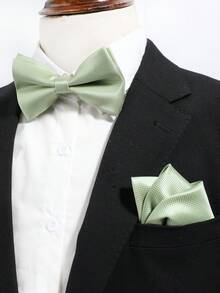 1 Set Men's Fashionable High-End Solid Mint Green Plaid Textured Necktie, Bow Tie, Handkerchief, Cufflinks Gift Box Set, Suitable For Banquet, Date, Business, School Suit Matching - Mint Green - View 3