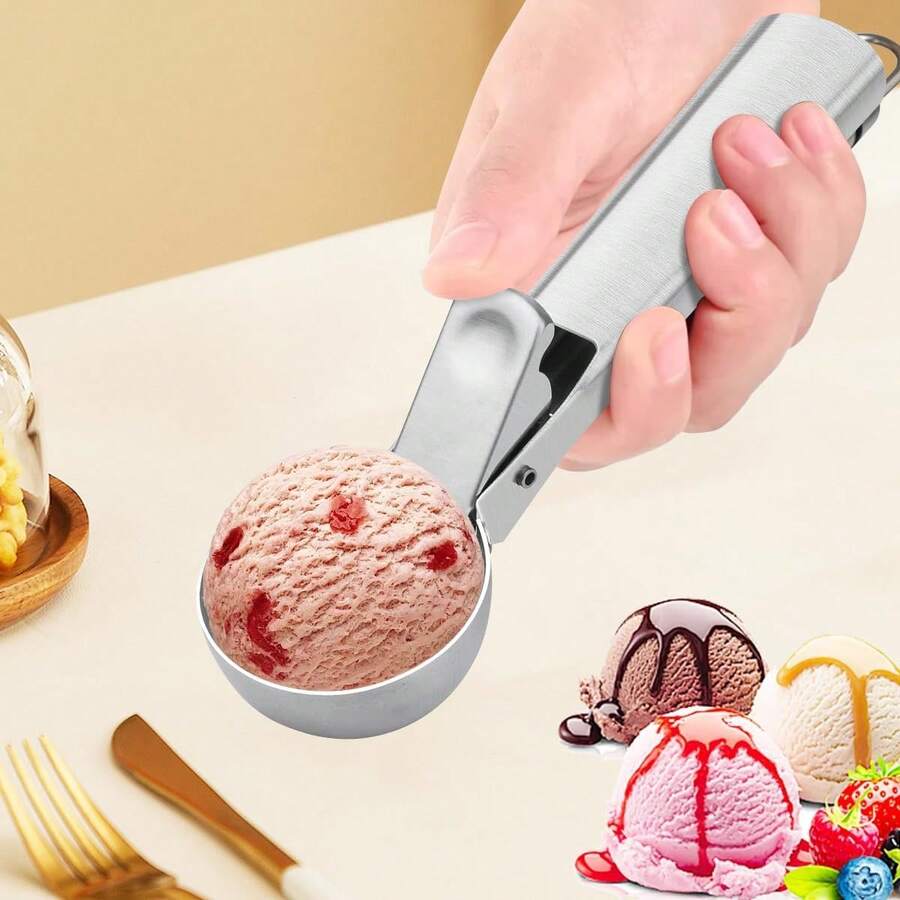 2pcs Premium Ice Cream Scoop With Trigger Ice Cream Scooper Stainless Steel, Heavy Duty Metal Icecream Scoop Spoon Dishwasher , Perfect For Frozen Yogurt, Gelatos, Sundaes, Silver