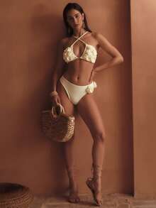 26SS Women's 2-Piece Elegant Rose Decor Criss-Cross Tie Bikini Set, Women's Summer Holiday Split Bikini Swimwear Set, Suitable For Beach, Pool, Party, Holiday Gift - White - View 10