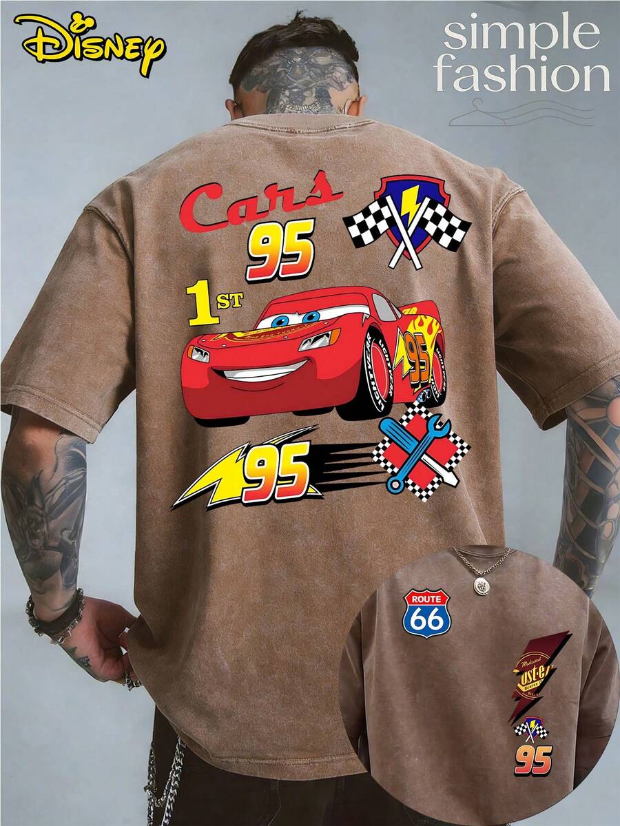 Men's Retro Streetwear T-Shirt With Disney Cars Logo, 230g Washed Cotton, Loose Casual Round Neck Short Sleeved T-Shirt, Suitable For Outdoor And Urban Fashion, Ideal Choice For Racing Enthusiasts, Men's Gift - Coffee Brown - View 1