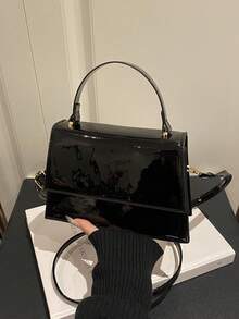 1pc New Fashionable Solid Color Textured PU Leather Flap Square Handbag, Minimalist Western Style Versatile Commuter Elegant Shoulder Bag With Detachable Adjustable Strap - Black - View 3
