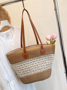1pc Large Capacity Casual Patchwork Straw Tote Bag, Portable Shoulder Handbag Suitable For Beach, Vacation, Travel, Great Gift For Family, Friends, Loved Ones - Multicolor - View 9