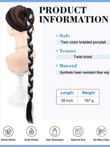 28 Inch Dual-Color Braided Ponytail Wig With Elastic Hair Tie, Smooth Braided Ponytail, Heat-Resistant Synthetic Fiber Wig, Suitable For Women's Daily And Holiday Wear - Multicolor - View 5