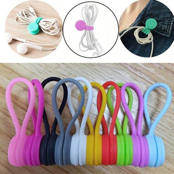 Reusable Strong Magnetic Cable Ties, For Bundling And Organizing Cables, Headphones, USB Chargers, Hanging And Fixing Keychains, Silicone Wrapped Magnetic Cable Clips (Random Color)