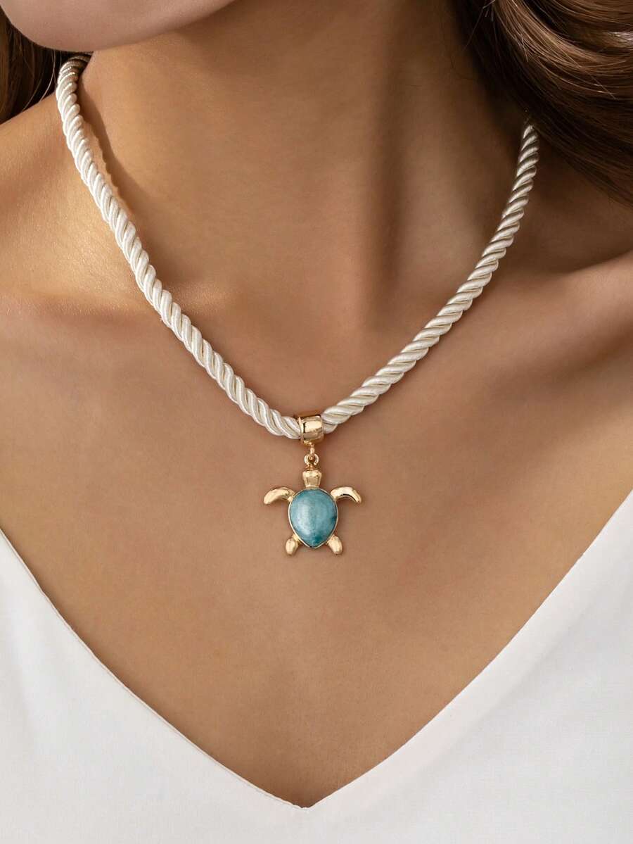 1pc Bohemian Style Sea Turtle Pendant Necklace, Ocean Creature Hemp Rope Necklace, Vacation Style Jewelry Accessory For Women - Multicolor - View 1