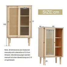 100cm High Sideboard, Wood Colour, With Synthetic Rattan  And Sliding Glass  , And 6 Compartments Behind The  . - Camel - View 9