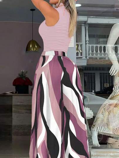 Conjunto de top corto sin mangas de cuello alto y pantalones de pierna ancha de cintura alta con estampado de ola en contraste, atuendo de vacaciones y viajes para mujer, verano
