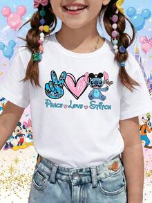 Disney Peace Love Stitch Lilo And Stitch Cute Heart Graphic Printed Pattern T-Shirts For Girls - Children's Clothing Design Short-Sleeved Casual And Cute Style Comfortable And Casual Wear All Year Round Suitable For Parties And Play Machine Washable Gift Children's Clothing Girls' Short-Sleeved Shirts - White - View 1
