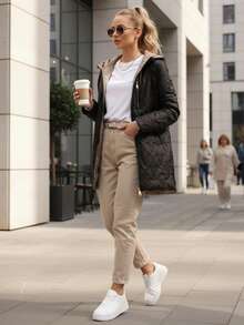 Women's Transitional Season Quilted Hooded Jacket, Mid-Thigh Length, Simple Design, Polyester Fabric, With Zippered Pockets, Classic Fit. - Black - View 2