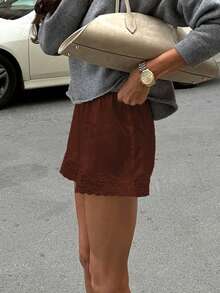 Women's Solid Color Lace Patchwork Casual Shorts - Redwood - View 1