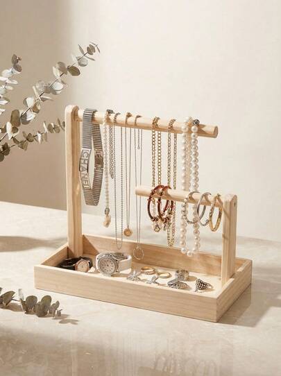 1 pieza Estantería de madera con diseño de varios niveles en estilo vintage para exhibir y almacenar joyas, incluye bandeja inferior para almacenamiento adicional, organizador de joyas, ideal para collares, aretes, anillos, regalo de Navidad