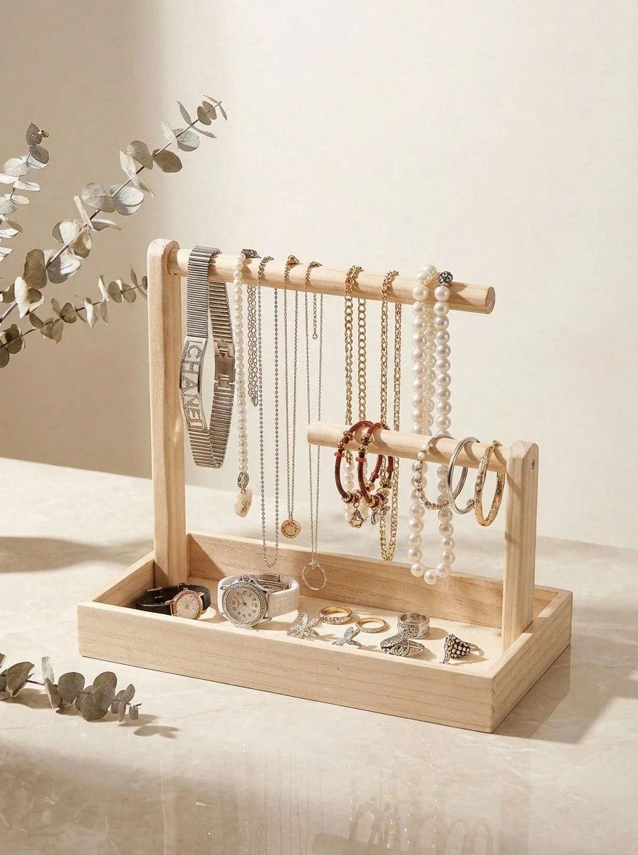 1 pieza Estantería de madera con diseño de varios niveles en estilo vintage para exhibir y almacenar joyas, incluye bandeja inferior para almacenamiento adicional, organizador de joyas, ideal para collares, aretes, anillos, regalo de Navidad - 1 bandeja para guardar accesorios de joyería - Ver 1