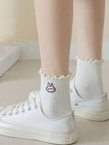 5 pares de calcetines de tobillo cómodos y transpirables para mujer con bordado de letras, animales y patrones de arcoíris con volantes - Multicolor - Ver 9