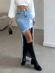 Women's High Slit Distressed Ripped Denim Maxi Skirt - Irregular Frayed Fringe Hem Pocketed Denim Skirt, Spring/Summer Daily Versatile Women's Clothing - Rửa trung bình - Xem 1