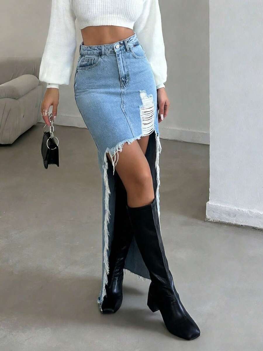 Women's High Slit Distressed Ripped Denim Maxi Skirt - Irregular Frayed Fringe Hem Pocketed Denim Skirt, Spring/Summer Daily Versatile Women's Clothing - Rửa trung bình - Xem 1
