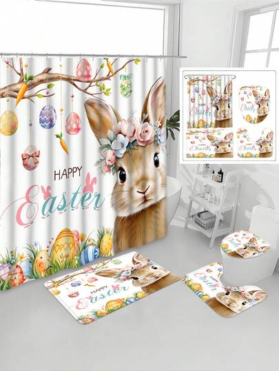 1/4 Pcs Easter Shower Curtain Set, Happy Decorative Bathroom Curtain With Cute Farmhouse Bunny, Easter Eggs, Floral Plaid Brown Washable Shower Curtain For Spring Bathroom Decor, Gift With 12 Hooks Non-Slip Bath Mat U-Shaped Toilet Lid Cover