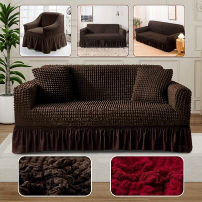 1pc Funda de Sofá Elegante Marrón con Textura de Burbujas y Falda - Elástica, Funda de Sofá de Longitud Completa, Apta para Todos los Tamaños de Sofá (de Un Solo a Tres Plazas) - Diseño Moderno, Lavable a Máquina, Perfecta para Cualquier Decoración de Habitación, Fundas de Sofá para Sala de Estar