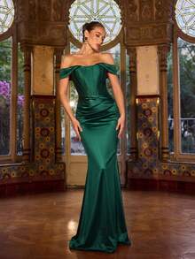 Faeriesty 女士优雅无肩带美人鱼晚礼服 - 褶皱紧身胸衣，及地美人鱼长裙，适合浪漫情人节晚餐、目的地红毯盛典和奢华婚礼春季派对 - 墨綠色 - 查看 4