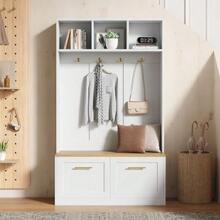 Ensemble armoire avec banc, espace de rangement ouvert et 2 portes – armoire compacte avec 4 crochets, coloris naturel et blanc, dimensions 105 * 40 * 180 cm - Blanc - Voir 2
