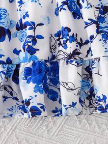 2pcs/Set Girls' Digital Floral & Plaid Print Dress, Casual School Style - Blue - View 2