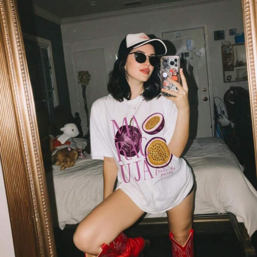 Passion Fruit Shirt Maracuja Shirt Fruit Graphic Tee Coastal Aesthetic Shirt Coconut Girl Shirt Tropical Shirt Feeling Fruity Shirt, 100% Cotton Women Oversized T-Shirts, Women Printed Casual Round Neck Short Sleeve Tee Women Tops, 1pcs Fashion Shirt - 白色 - 查看 1