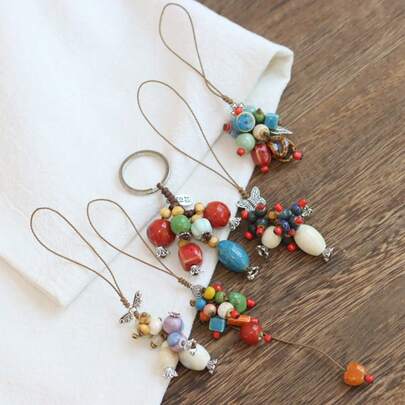 1-30颗陶瓷珠钥匙扣腕带，女士包包挂饰，美观钱包饰品，复古风格手链，适用于车钥匙和手提包