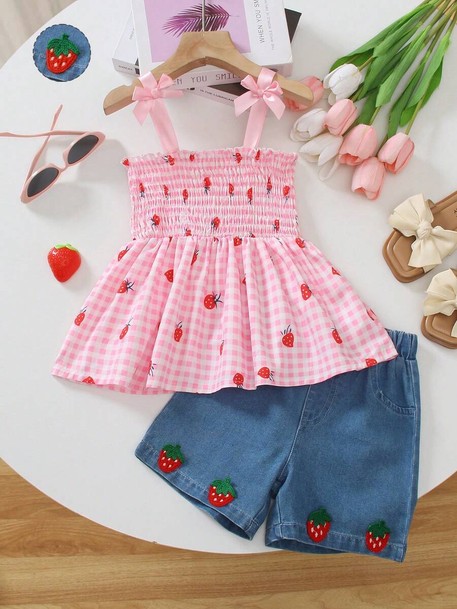 2pcs/Set Girls Summer Outfit, Cute Sweet Gingham Strawberry Print Bow Camisole Top And Blue Denim Shorts Set, Toddler/Little Kids - Pink - View 1