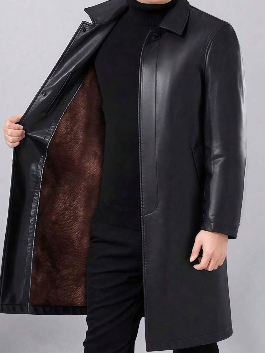 Men's Thickened Long PU Leather Coat, With A Turn-Down Collar And Fur Trim, Thickened Over-The-Knee Leather Coat For Men. - 釦子款超長不加毛領 - 查看 1