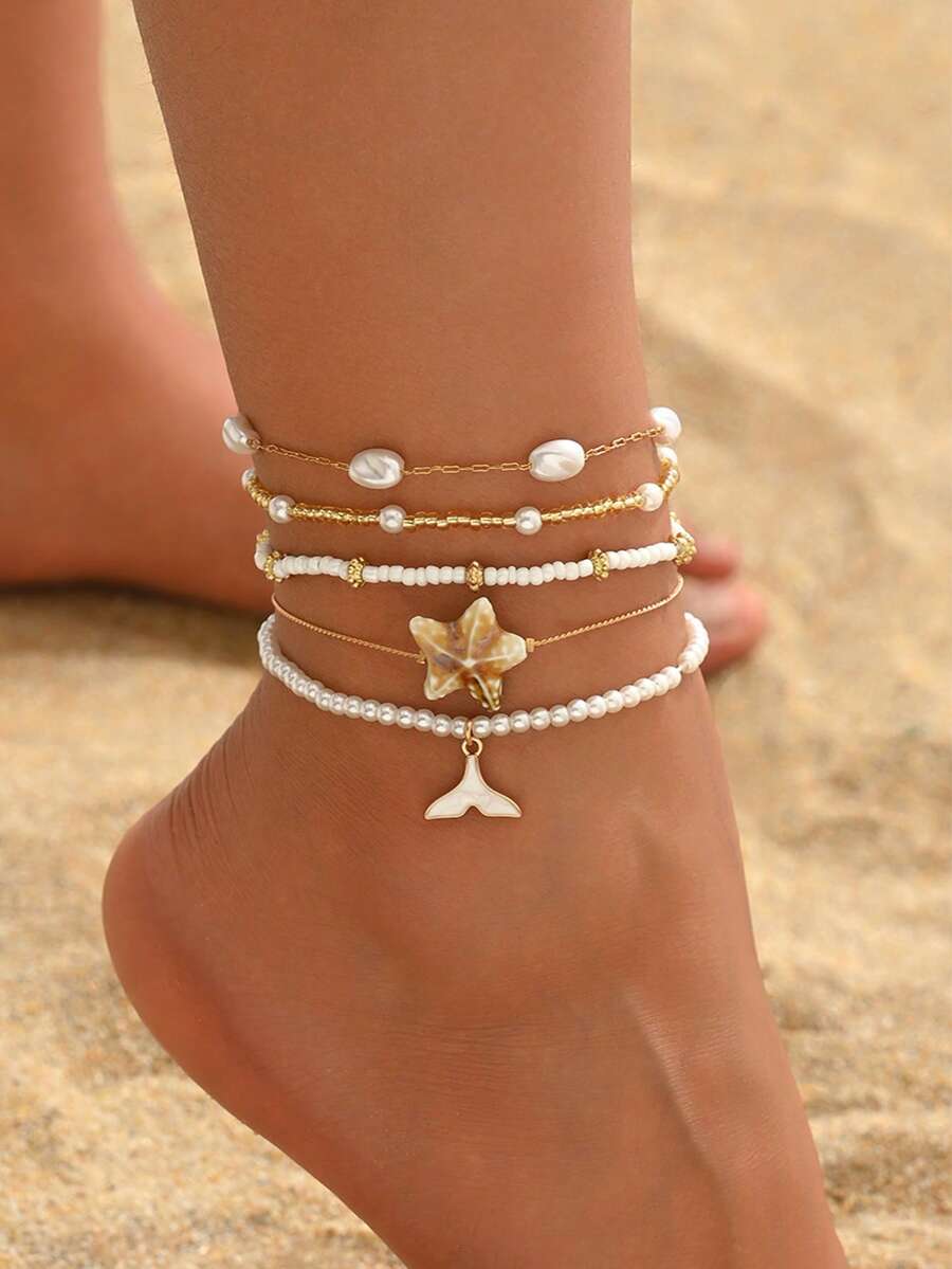5pcs/Set Beach Vacation Style Faux Pearl Beaded Gold Tone Anklet With Starfish & Fish Tail Pendants, Fashionable Versatile Jewelry For Daily Wear, Dates, Beach Trips - Multicolor - View 1