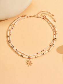 2pcs/Set Fashionable Coconut Shell & Seed Bead Mixed Color Necklace With Sun Pendant, Layered Choker Necklace For Men, Suitable For Daily Wear And Party, Also Can Be Worn As Couples Necklace - Gold - View 2