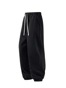 Autumn/Winter Boys' Casual Pants: Casual And Versatile Solid Color Design, Soft And Comfortable Against The Skin, Warm And Suitable For Everyday Wear At Home Or Outings. - 黑色 - 查看 3
