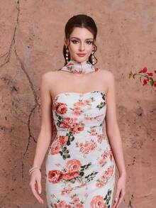 Đầm maxi dáng đuôi cá không dây vai bằng chiffon in hoa Mgiacy kèm khăn choàng, trang phục dạ hội thanh lịch dành cho khách dự đám cưới, tiệc mùa hè, kỳ nghỉ và lễ hội. - Hồng - Xem 5