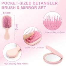 Juego de 5 cepillos para el cabello cepillo definidor de rizos para desenredar cepillo de cerdas de jabalí y peine de dientes anchos y cola de rata con espejo de viaje kit de regalo para el cuidado del cabello para mujeres hombres y rosa-B031 - Rosa - Ver 5