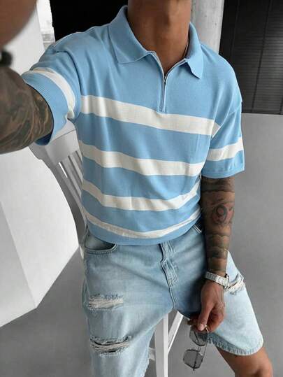 Nueva Camiseta de Punto con Cuello de Polo de Manga Corta, Diseño de Contraste a Rayas, Adecuada para Ocasiones Formales e Informales, Ropa Exterior para Hombres, Polo para Hombres