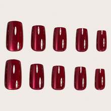 24pcs Wine Red Press On Nails Short Square Fake Nails Cat Eye False Nails Press Ons Gradient Shiny Glitter Glue On Nail Red Glossy Artificial Nails For Women Manicure Nails Decoration - 優雅紅色貓眼 - 查看 3