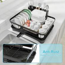 304 Stainless Steel Dish Drying Rack With Drain Board, Automatic Draining And Drying Rack For Kitchen Countertops, Large Capacity Dish Drainer, Suitable For Bowls, Cups, And Dishes. - màu đen - Xem 2