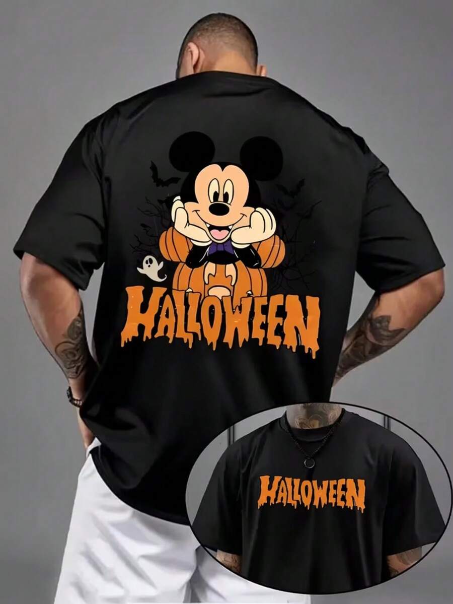 1 Piece, Disney Men's T-Shirt, Halloween Mickey Print, Round Neck Casual And Comfortable T-Shirt, Breathable And Light, Suitable For Sports And Leisure Wear, Loose T-Shirt, Suitable For Gifts, Suitable For Travel And Party Wear. - 黑色 - 查看 1